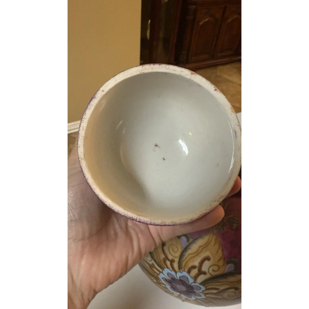 Vintage Hand painted Chinese Vase W Lid pottery With Floral &‎ Butterfly Accents